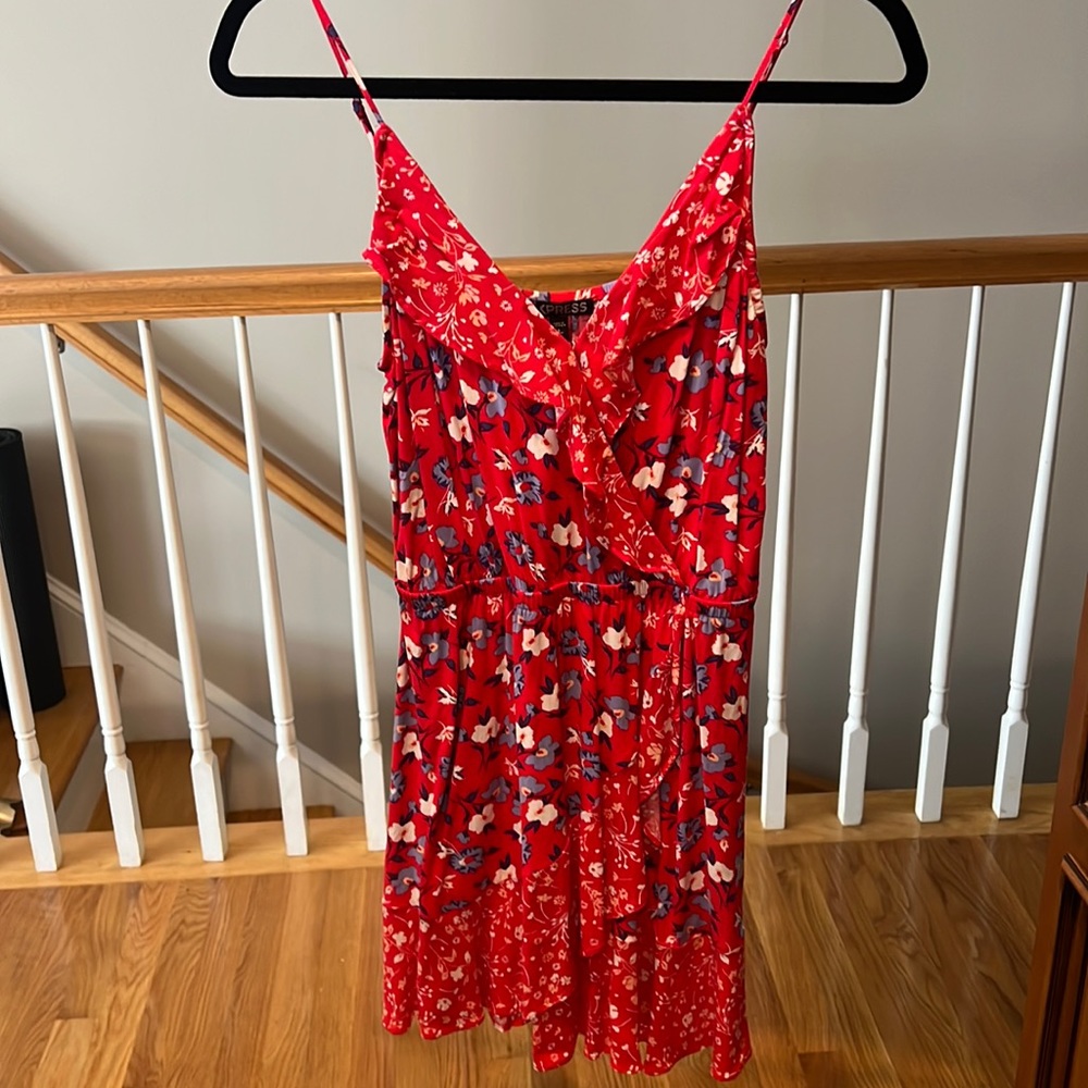 Red floral wrap sundress with ruffle and adjustable straps. Worn ~3 times